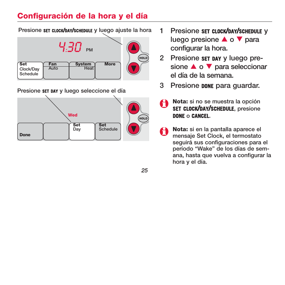 Configuración de la hora y el día | Honeywell FOCUSPRO TH6320R User Manual | Page 27 / 64