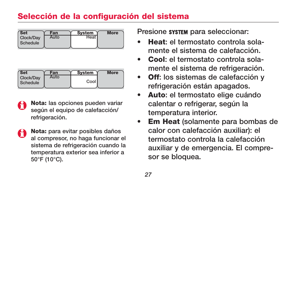 Selección de la configuración del sistema, Presione | Honeywell FOCUSPRO TH6320R User Manual | Page 29 / 64