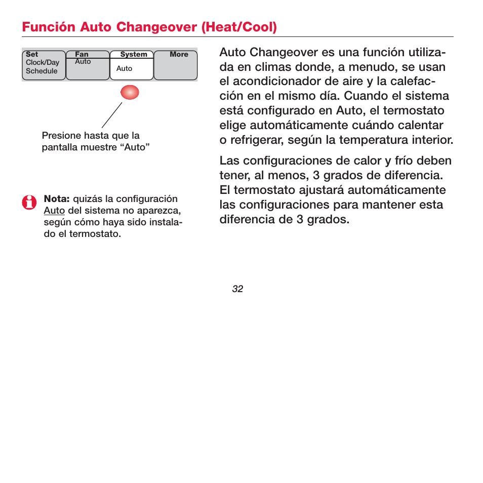 Función auto changeover (heat/cool) | Honeywell FOCUSPRO TH6320R User Manual | Page 34 / 64