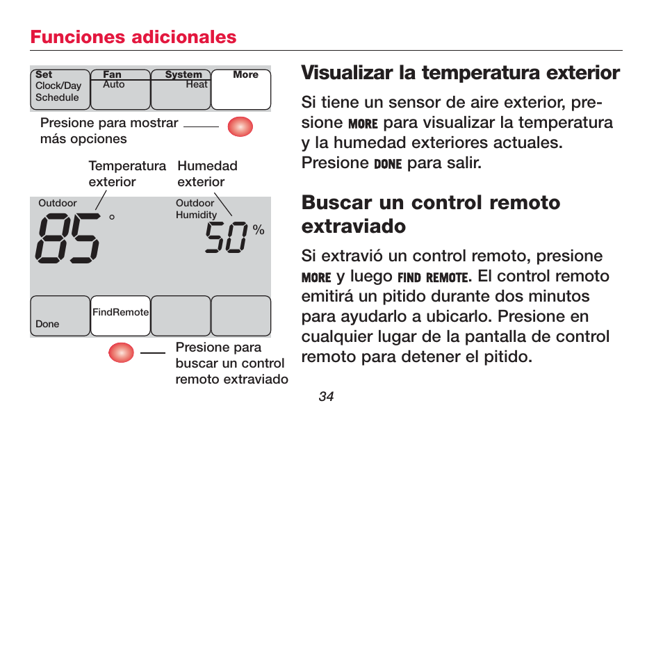 Visualizar la temperatura exterior, Buscar un control remoto extraviado | Honeywell FOCUSPRO TH6320R User Manual | Page 36 / 64