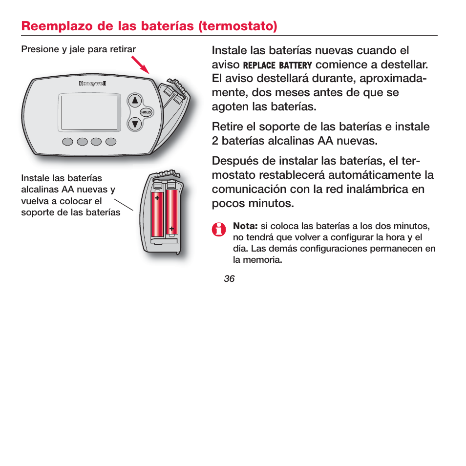 Reemplazo de las baterías (termostato) | Honeywell FOCUSPRO TH6320R User Manual | Page 38 / 64