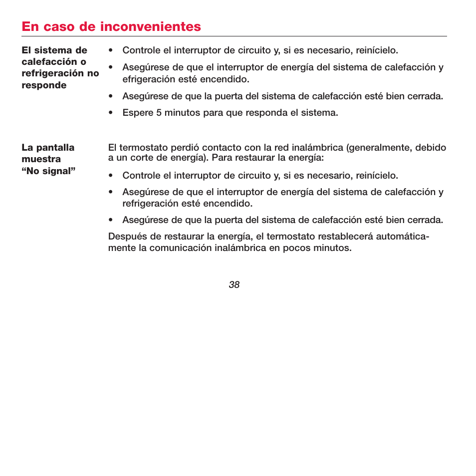 En caso de inconvenientes | Honeywell FOCUSPRO TH6320R User Manual | Page 40 / 64