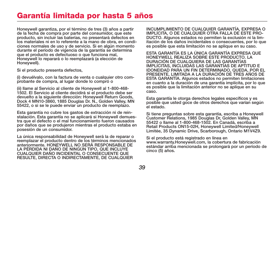 Garantía limitada por hasta 5 años | Honeywell FOCUSPRO TH6320R User Manual | Page 41 / 64