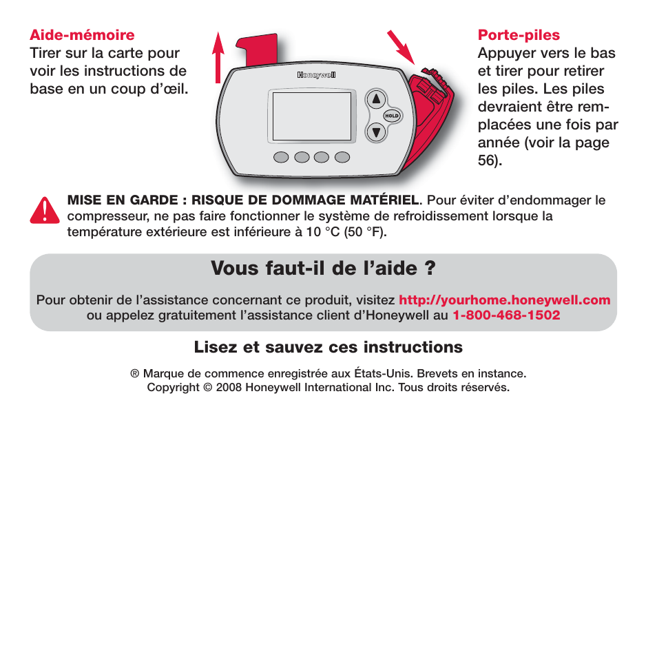 Vous faut-il de l’aide, Lisez et sauvez ces instructions | Honeywell FOCUSPRO TH6320R User Manual | Page 42 / 64