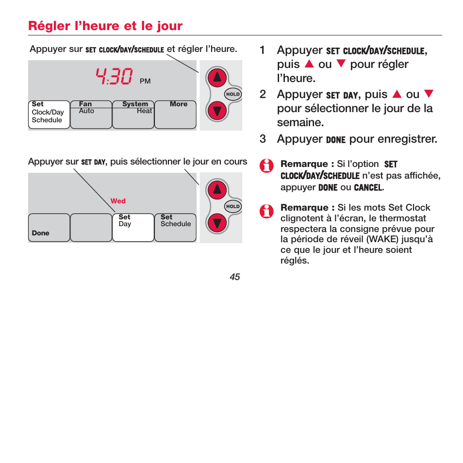 Régler l’heure et le jour, 1appuyer, Puis ou pour régler l’heure. 2 appuyer | Pour enregistrer | Honeywell FOCUSPRO TH6320R User Manual | Page 47 / 64