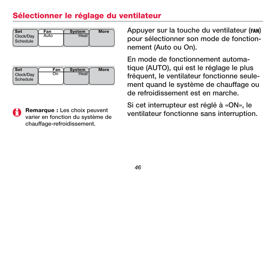 Sélectionner le réglage du ventilateur, Appuyer sur la touche du ventilateur | Honeywell FOCUSPRO TH6320R User Manual | Page 48 / 64