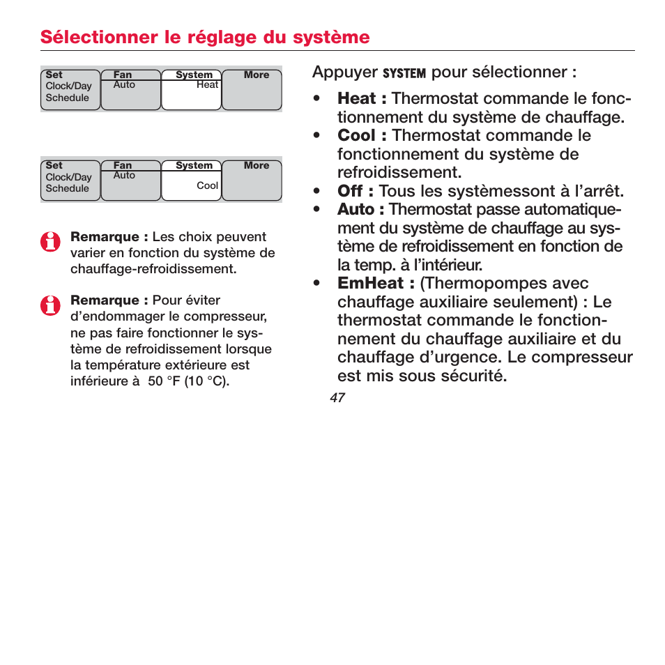 Sélectionner le réglage du système, Appuyer | Honeywell FOCUSPRO TH6320R User Manual | Page 49 / 64