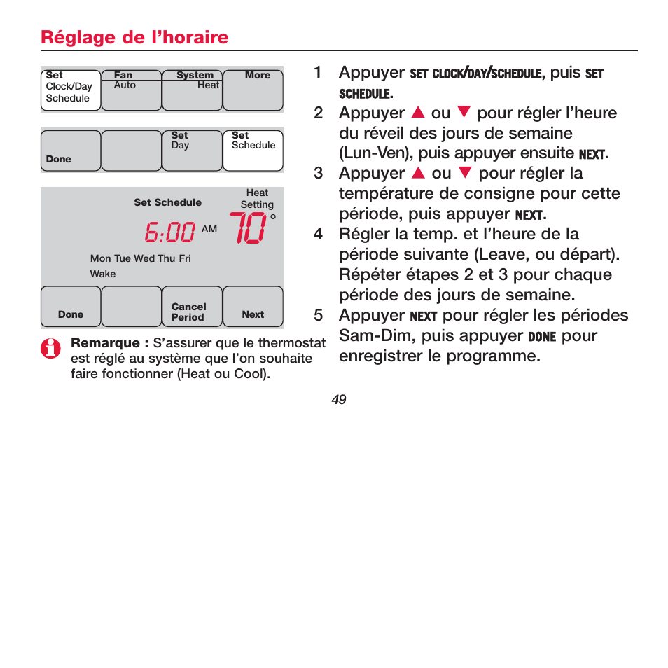 Réglage de l’horaire | Honeywell FOCUSPRO TH6320R User Manual | Page 51 / 64