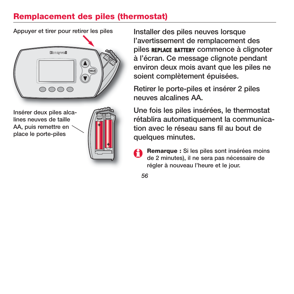 Remplacement des piles (thermostat) | Honeywell FOCUSPRO TH6320R User Manual | Page 58 / 64