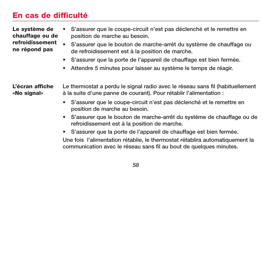 En cas de difficulté | Honeywell FOCUSPRO TH6320R User Manual | Page 60 / 64