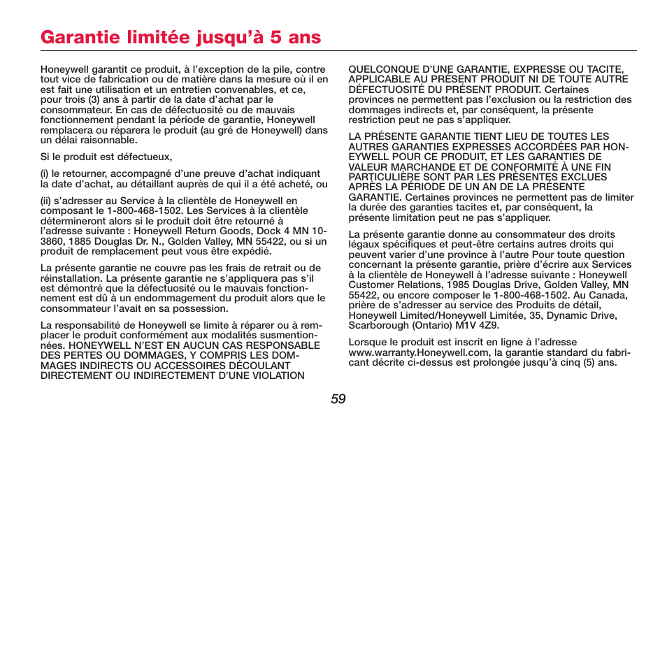 Garantie limitée jusqu’à 5 ans | Honeywell FOCUSPRO TH6320R User Manual | Page 61 / 64