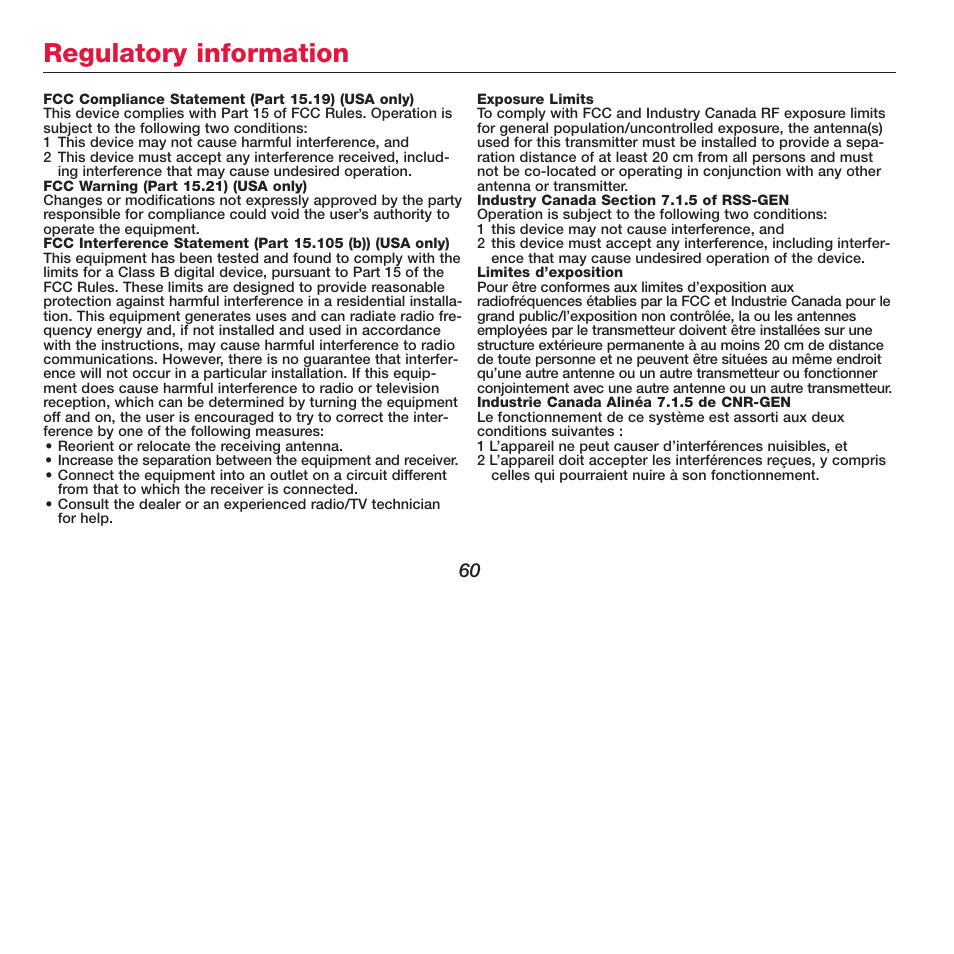 Regulatory information | Honeywell FOCUSPRO TH6320R User Manual | Page 62 / 64