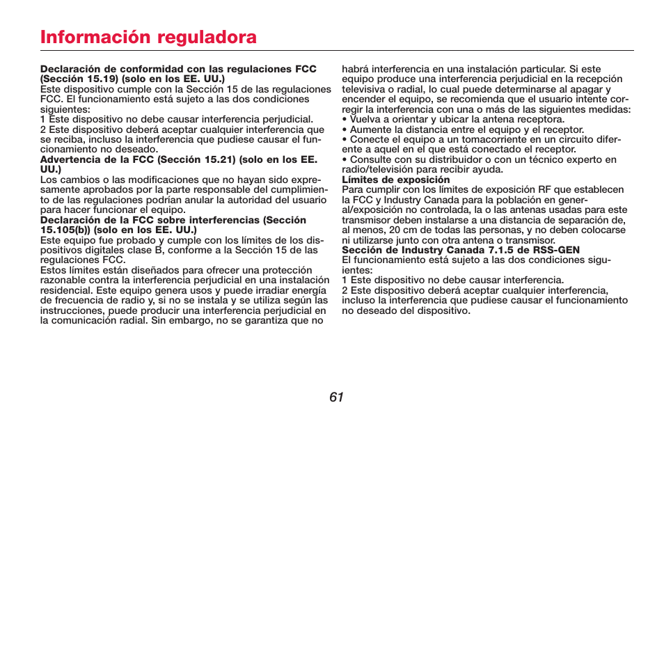 Información reguladora | Honeywell FOCUSPRO TH6320R User Manual | Page 63 / 64