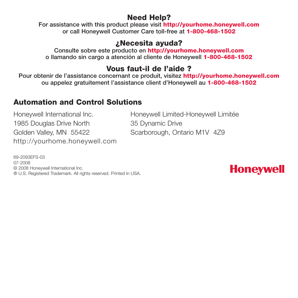 Need help, Necesita ayuda, Vous faut-il de l’aide | Automation and control solutions | Honeywell FOCUSPRO TH6320R User Manual | Page 64 / 64