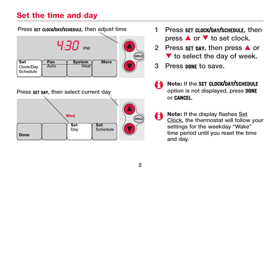 Set the time and day, 1press, Then press or to set clock. 2 press | Then press or to select the day of week. 3 press | Honeywell FOCUSPRO TH6320R User Manual | Page 7 / 64