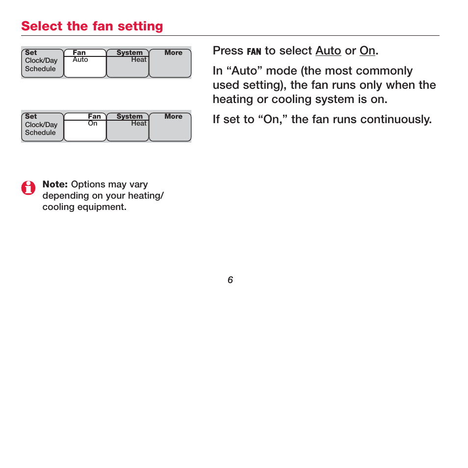 Select the fan setting, Press | Honeywell FOCUSPRO TH6320R User Manual | Page 8 / 64