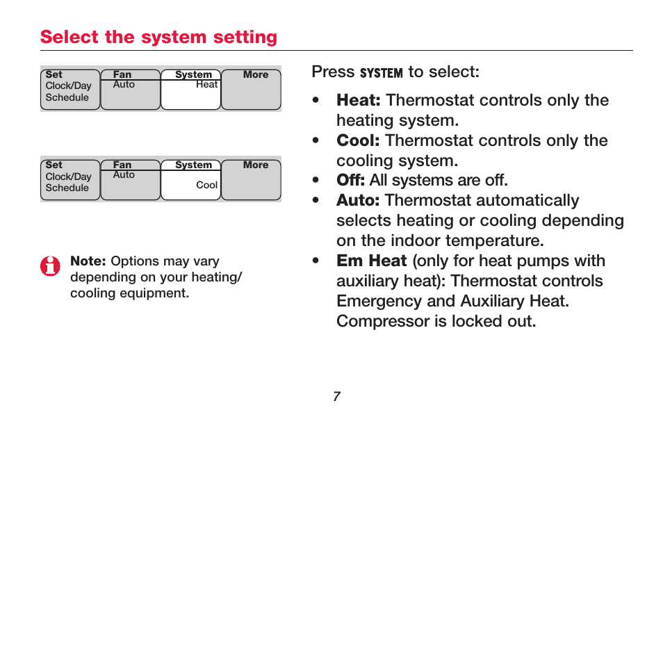 Select the system setting, Press | Honeywell FOCUSPRO TH6320R User Manual | Page 9 / 64