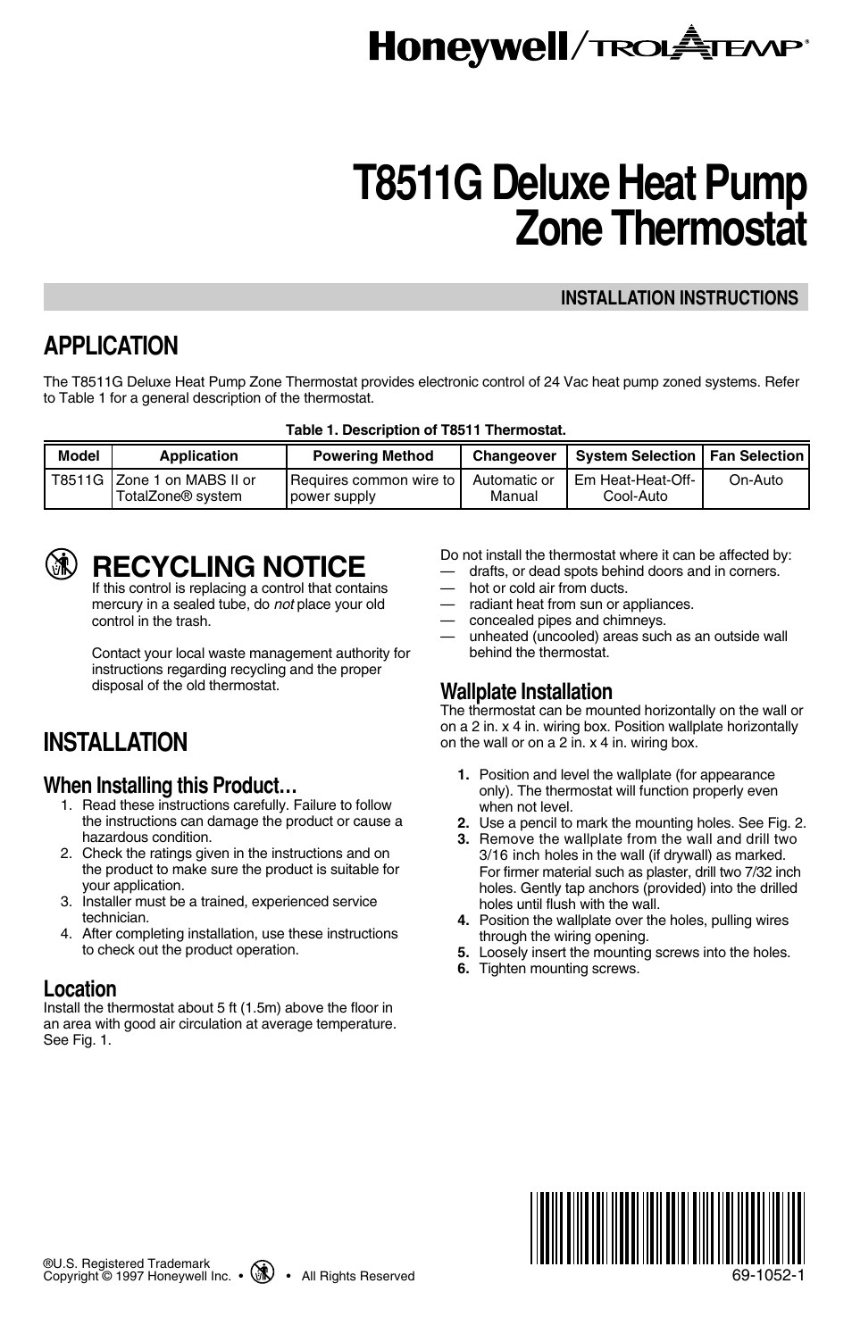 Honeywell DELUXEHEATPUMP T8511G User Manual | 12 pages