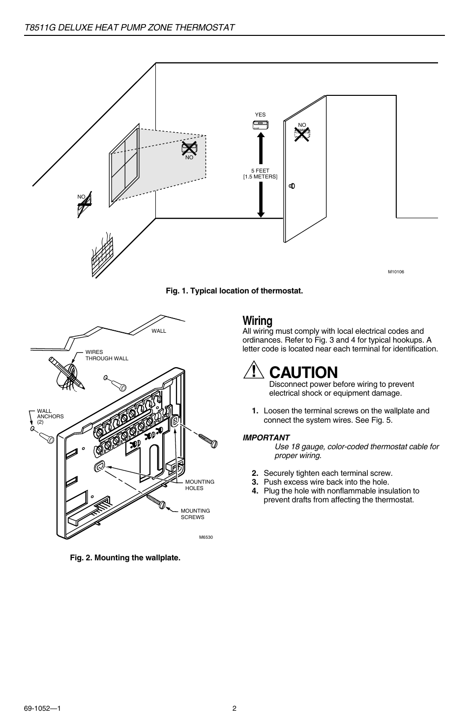Caution, Wiring, T8511g deluxe heat pump zone thermostat | Honeywell DELUXEHEATPUMP T8511G User Manual | Page 2 / 12