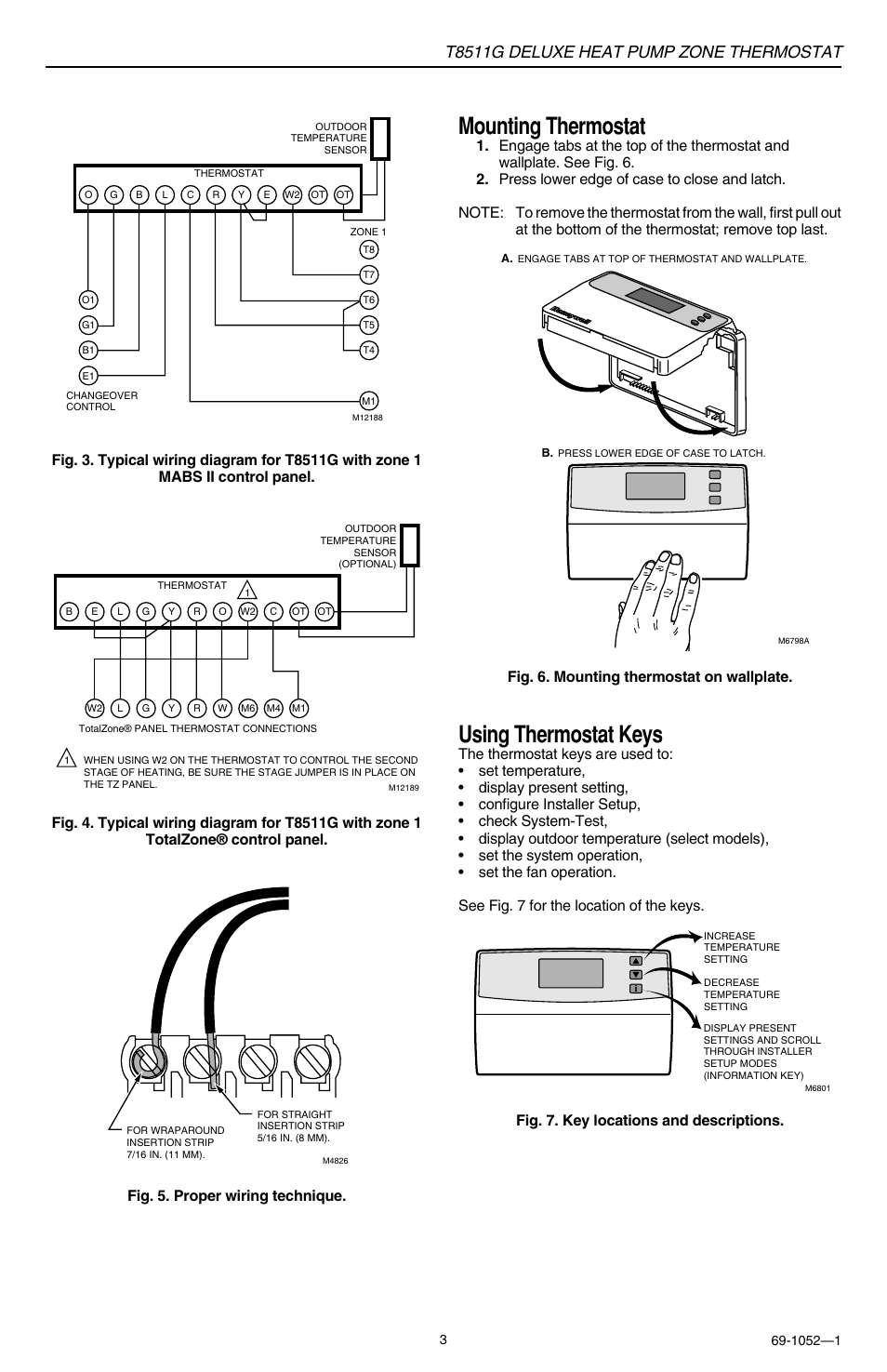 Mounting thermostat, Using thermostat keys, T8511g deluxe heat pump zone thermostat | Honeywell DELUXEHEATPUMP T8511G User Manual | Page 3 / 12