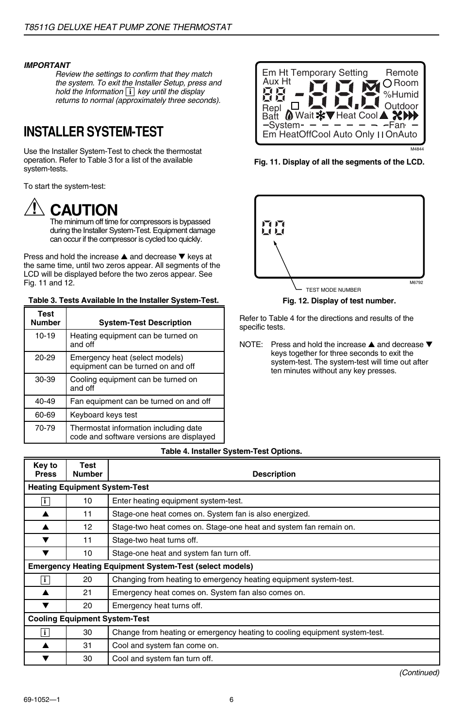 Caution, Installer system-test | Honeywell DELUXEHEATPUMP T8511G User Manual | Page 6 / 12