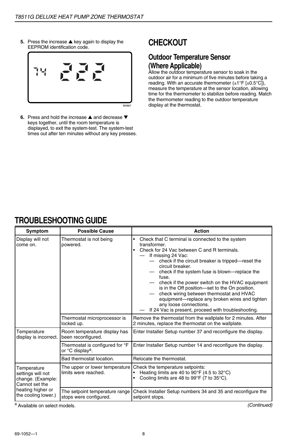 Troubleshooting guide checkout, Outdoor temperature sensor (where applicable) | Honeywell DELUXEHEATPUMP T8511G User Manual | Page 8 / 12