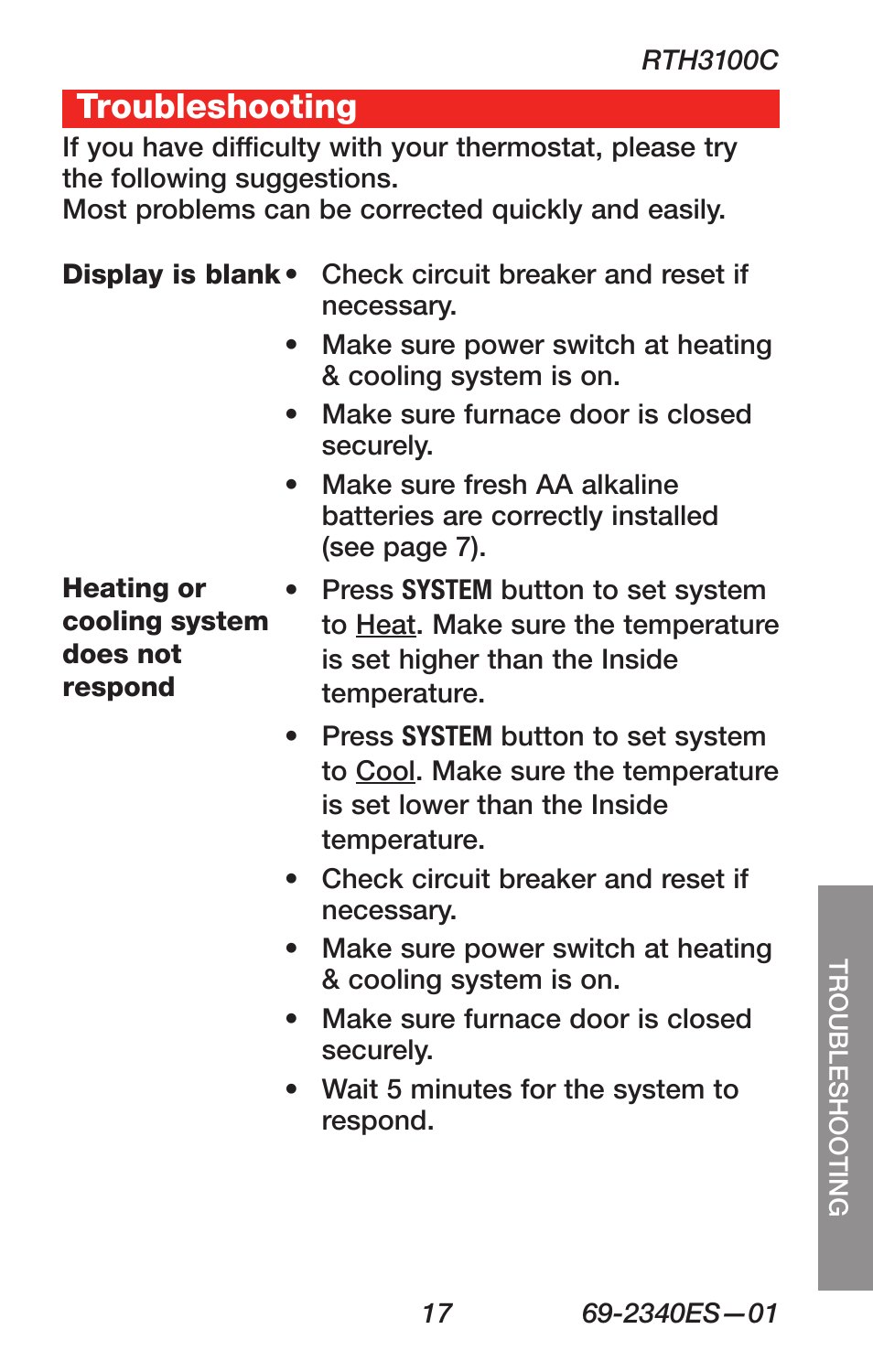 Troubleshooting | Honeywell RTH 3100C User Manual | Page 19 / 48