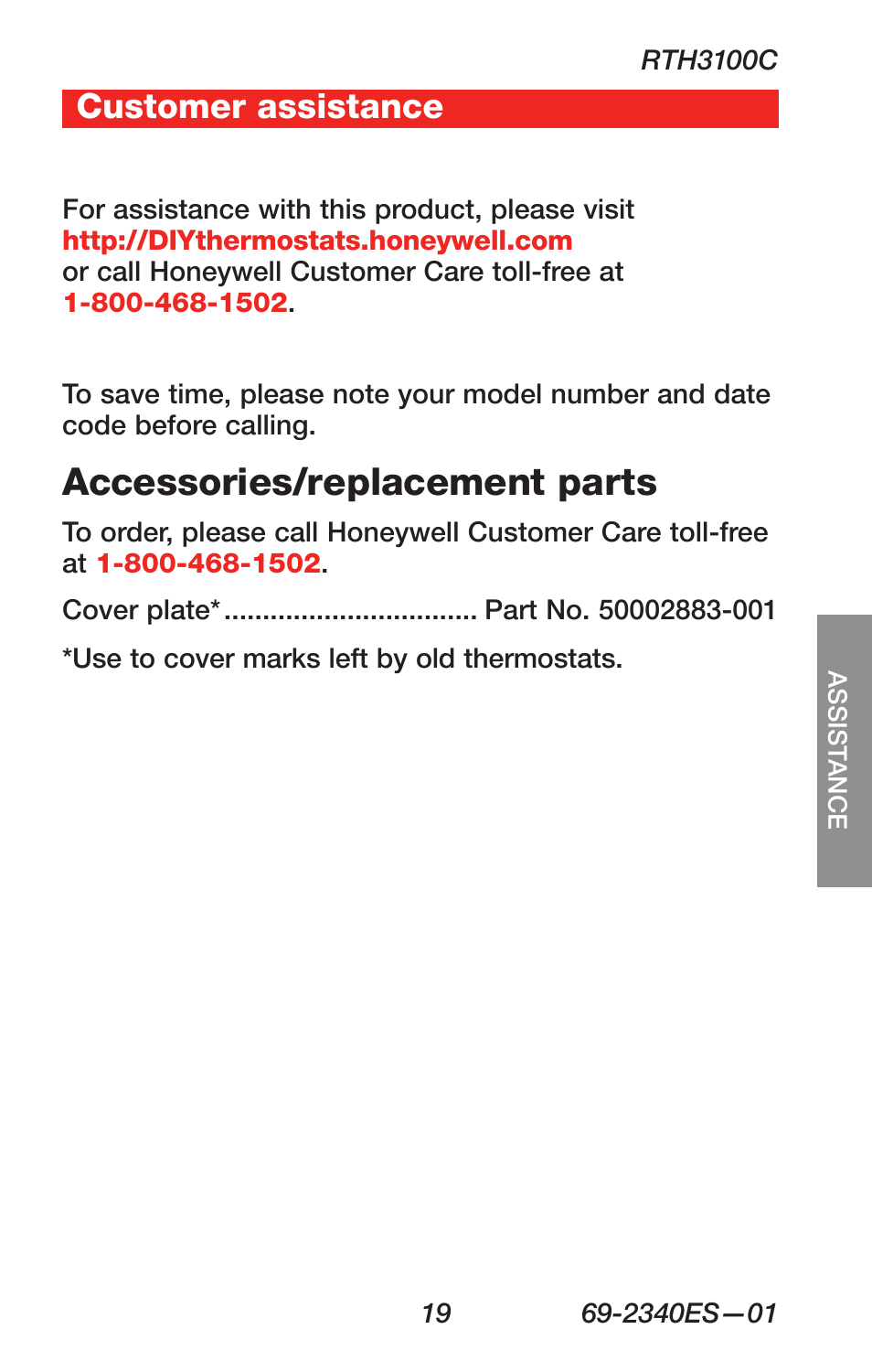 Accessories/replacement parts, About your new thermostat, Customer assistance | Honeywell RTH 3100C User Manual | Page 21 / 48