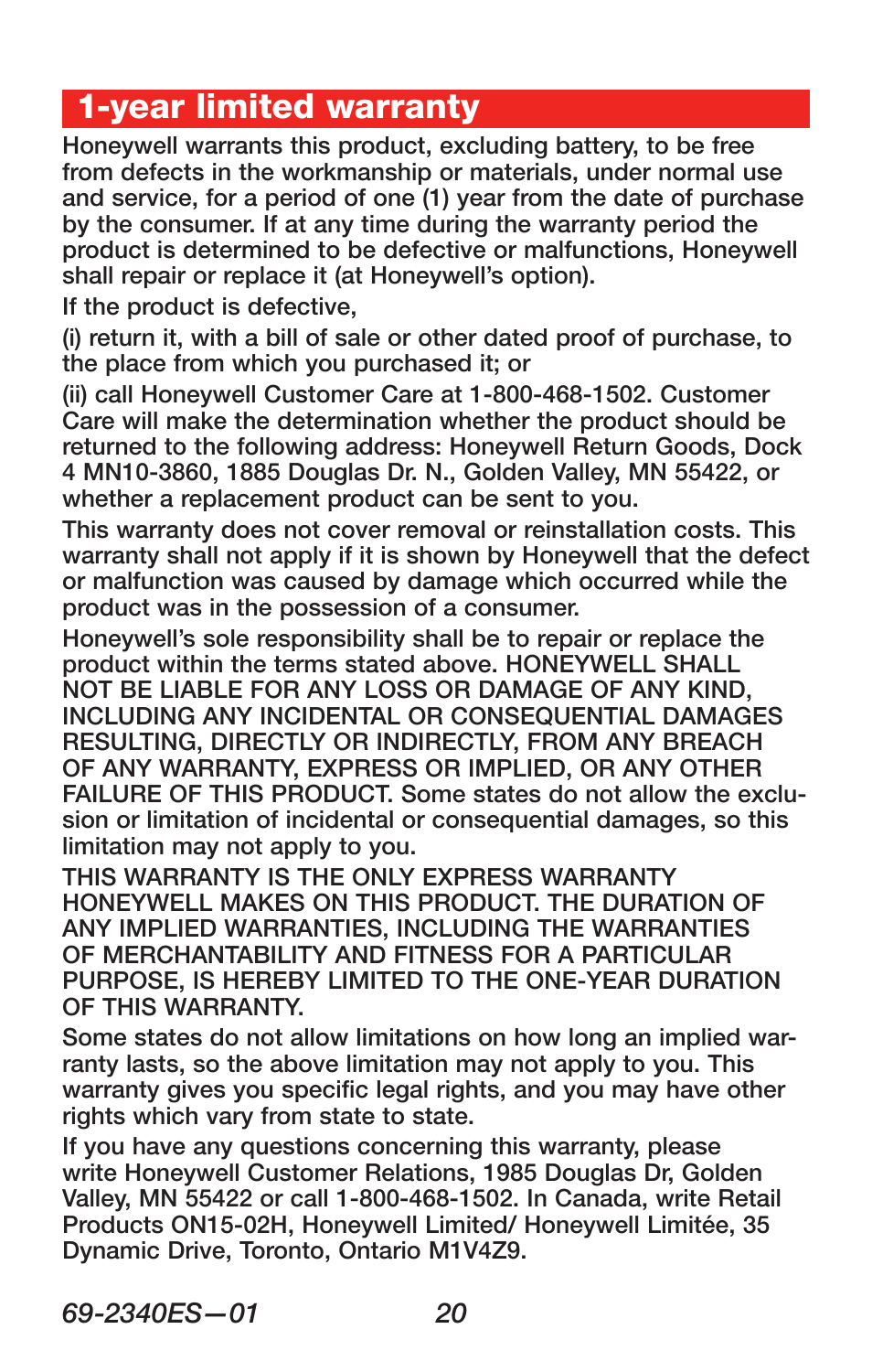 Year limited warranty | Honeywell RTH 3100C User Manual | Page 22 / 48