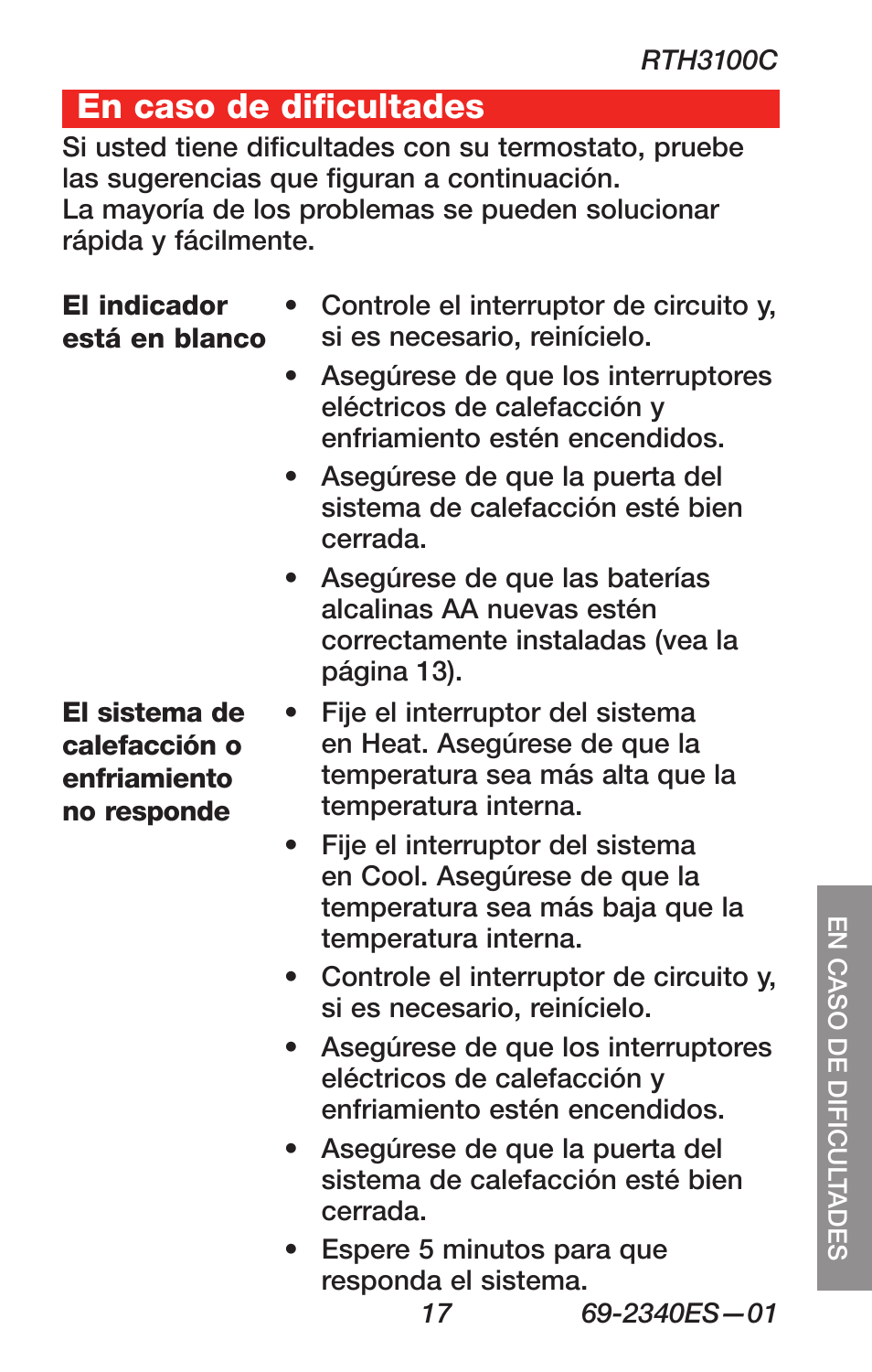 Dépannage, En caso de dificultades | Honeywell RTH 3100C User Manual | Page 43 / 48