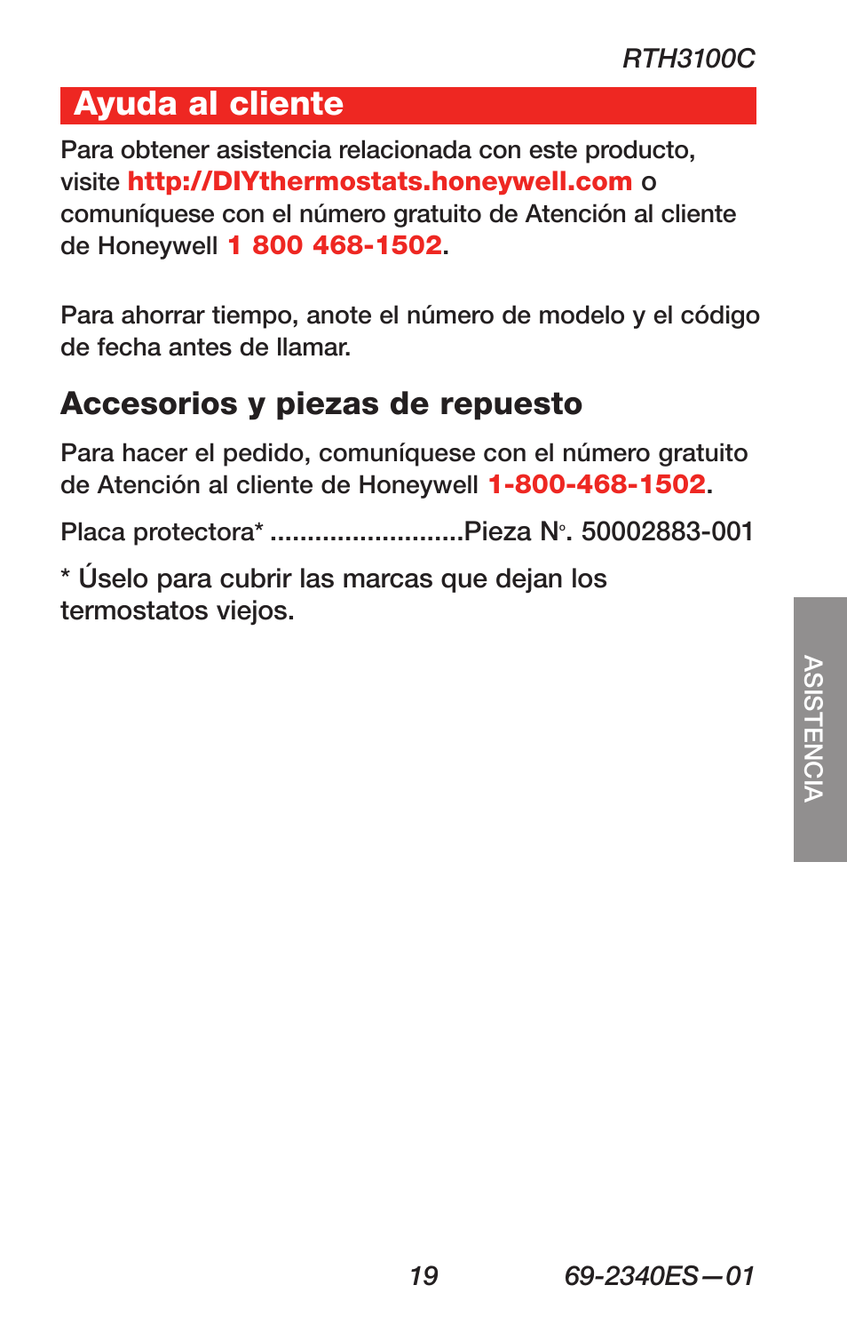 About your new thermostat, Ayuda al cliente, Accesorios y piezas de repuesto | Honeywell RTH 3100C User Manual | Page 45 / 48