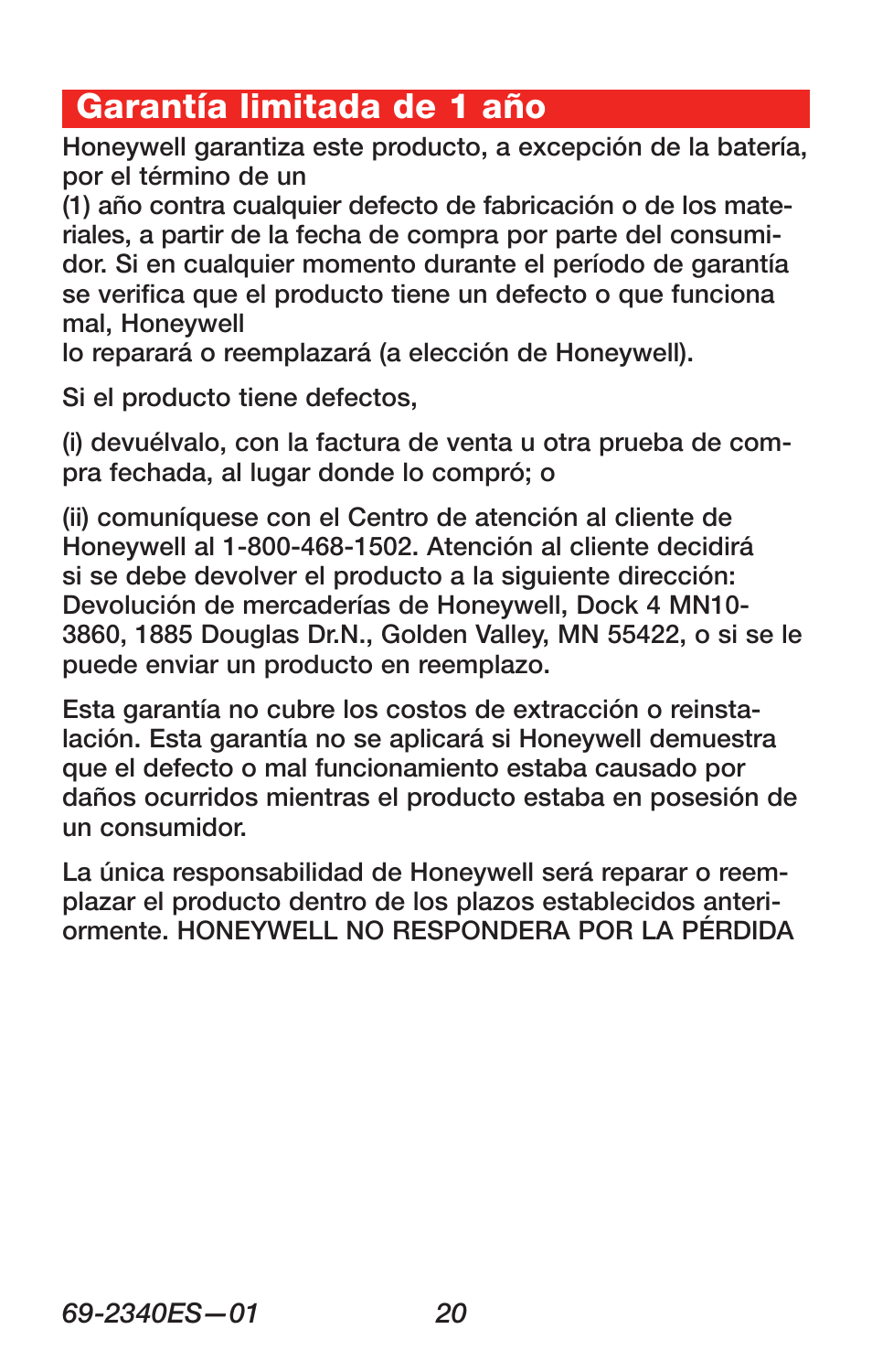 Garantía limitada de 1 aсo | Honeywell RTH 3100C User Manual | Page 46 / 48