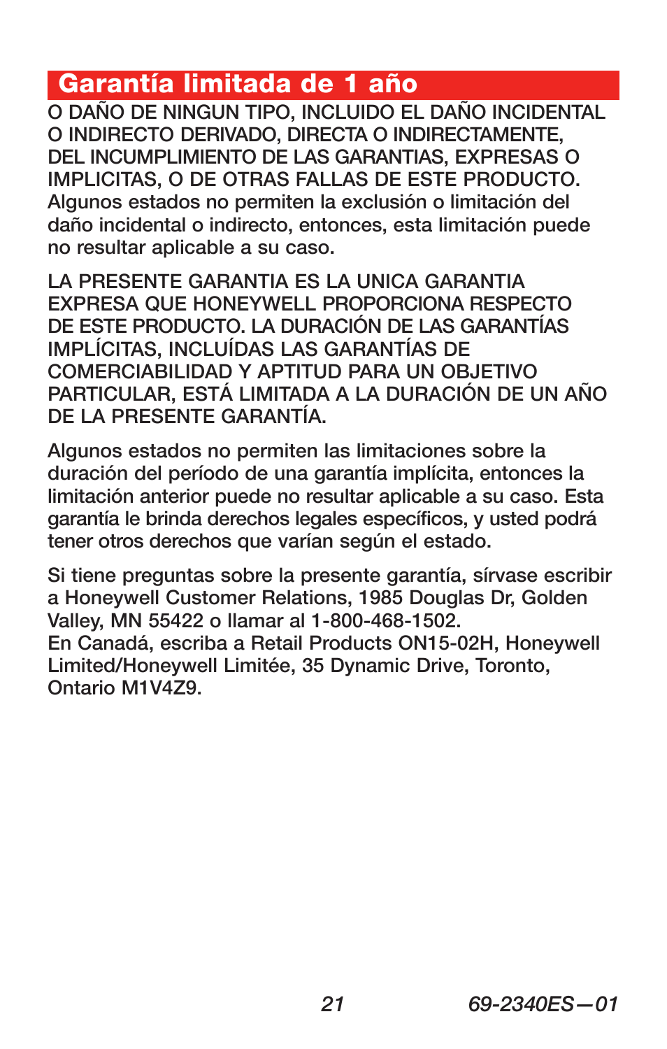 Garantía limitada de 1 año | Honeywell RTH 3100C User Manual | Page 47 / 48