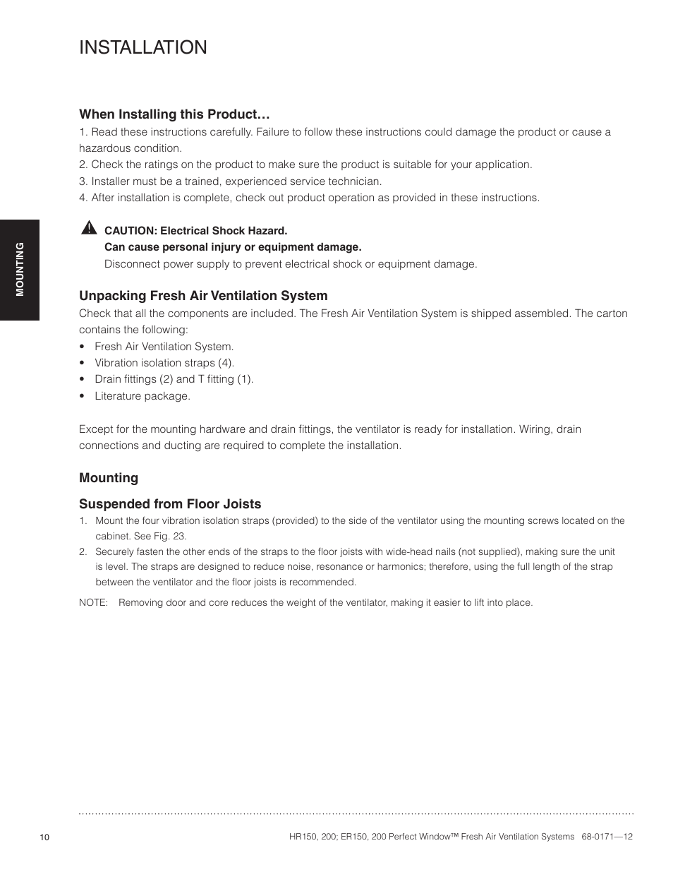 Installation | Honeywell PERFECT WINDOW HR200 User Manual | Page 12 / 28