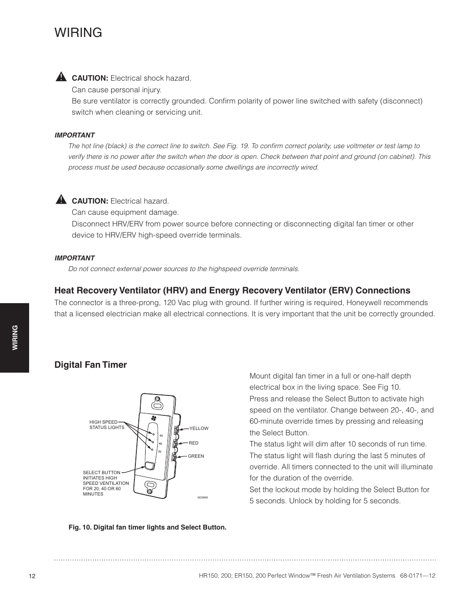 Wiring, Digital fan timer | Honeywell PERFECT WINDOW HR200 User Manual | Page 14 / 28