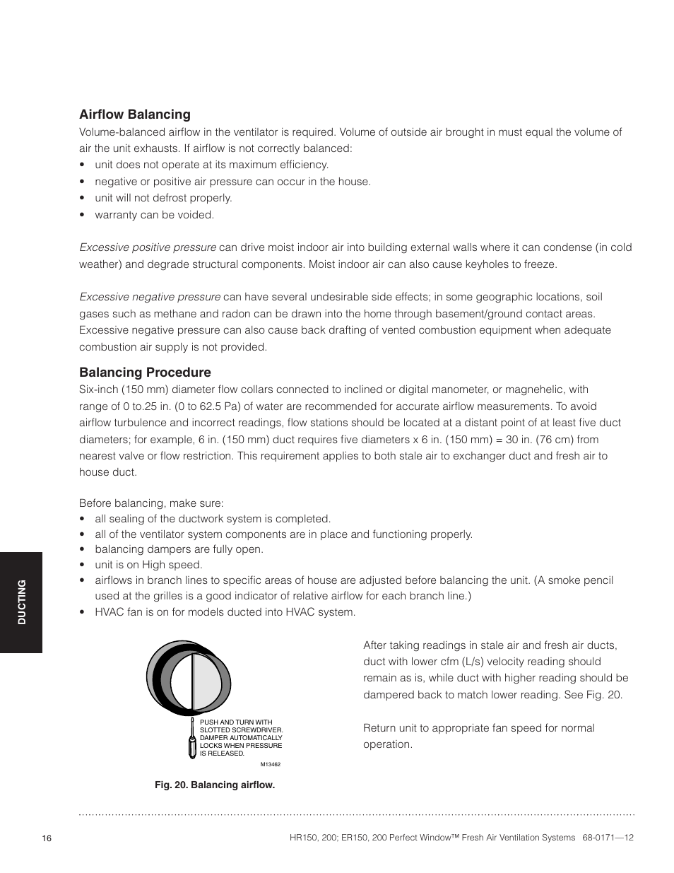 Airflow balancing, Balancing procedure | Honeywell PERFECT WINDOW HR200 User Manual | Page 18 / 28