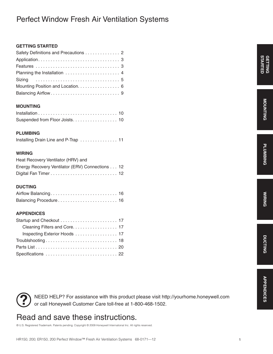 Read and save these instructions, Perfect window fresh air ventilation systems | Honeywell PERFECT WINDOW HR200 User Manual | Page 3 / 28