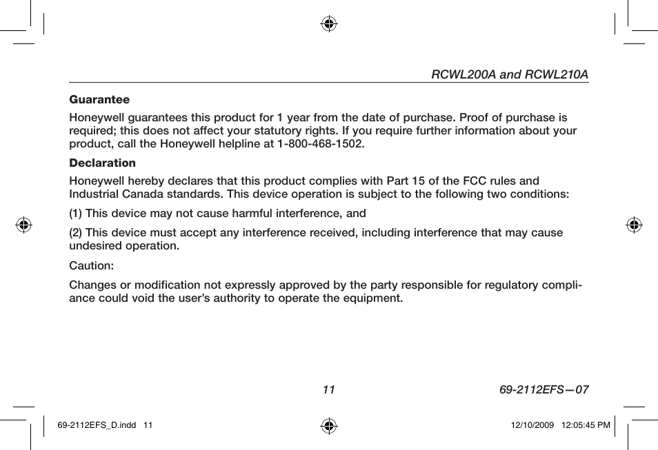 Honeywell RCWL210A User Manual | Page 13 / 44