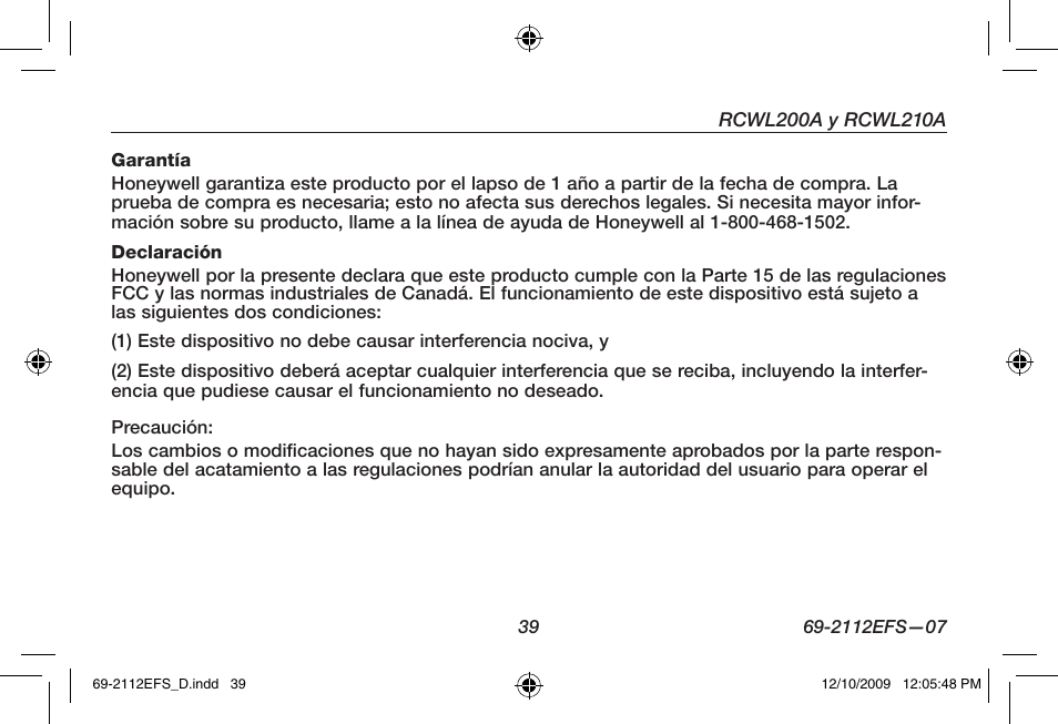 Honeywell RCWL210A User Manual | Page 41 / 44