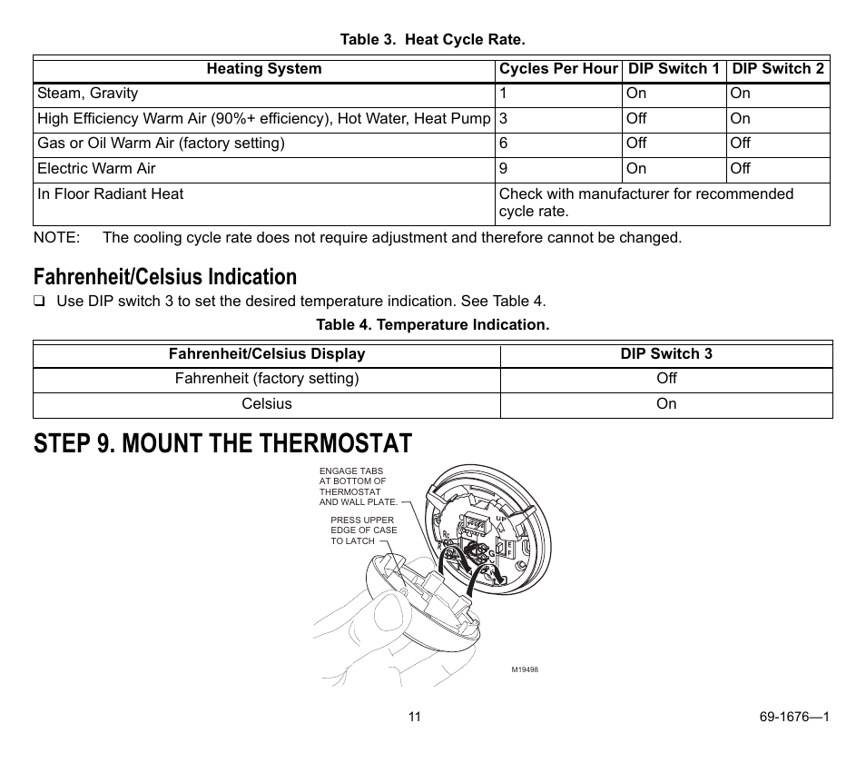 Fahrenheit/celsius indication, Step 9. mount the thermostat | Honeywell CT8775A User Manual | Page 11 / 20