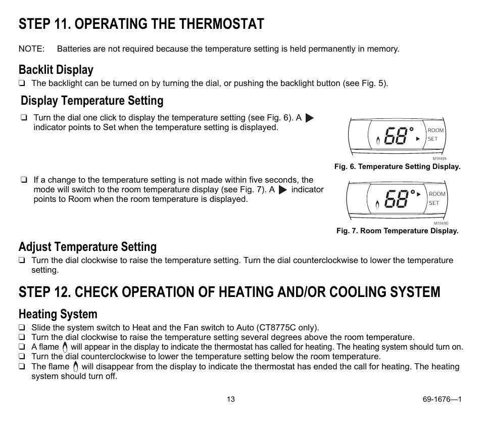 Step 11. operating the thermostat, Backlit display, Display temperature setting | Adjust temperature setting, Heating system | Honeywell CT8775A User Manual | Page 13 / 20