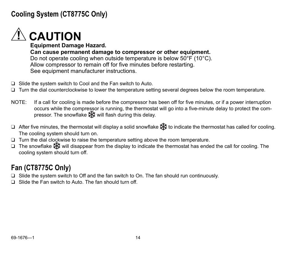 Cooling system (ct8775c only), Fan (ct8775c only), Caution | Honeywell CT8775A User Manual | Page 14 / 20