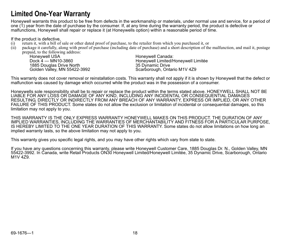 Limited one-year warranty | Honeywell CT8775A User Manual | Page 18 / 20