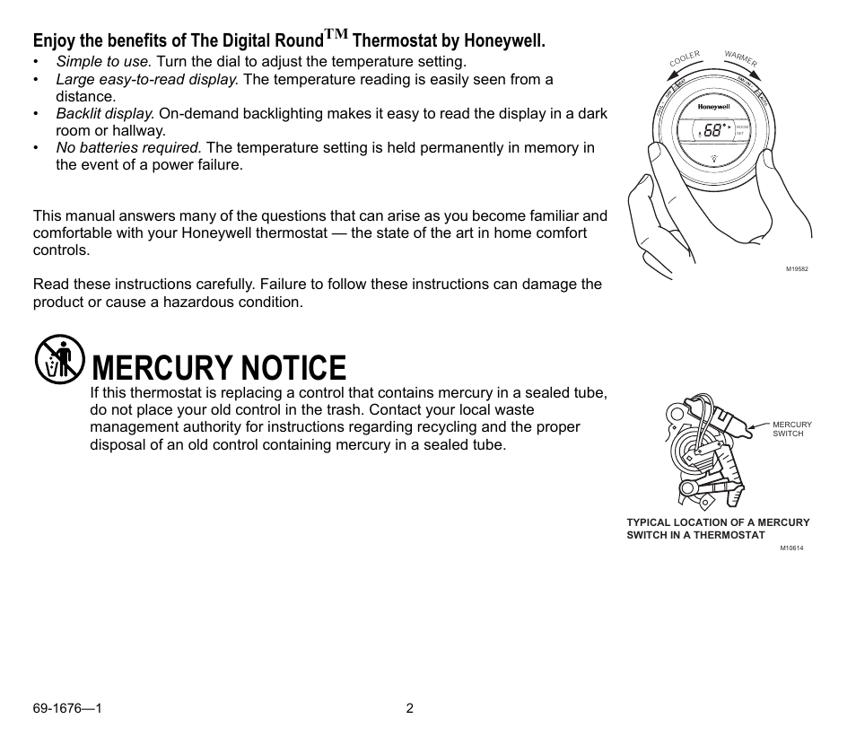 Mercury notice, Enjoy the benefits of the digital round, Thermostat by honeywell | Honeywell CT8775A User Manual | Page 2 / 20