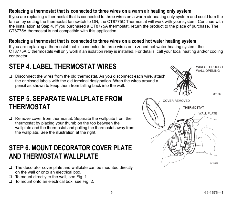 Step 5. separate wallplate from thermostat, Step 4. label thermostat wires | Honeywell CT8775A User Manual | Page 5 / 20