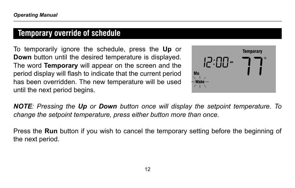 Temporary override of schedule | Honeywell RTH2300 User Manual | Page 14 / 44