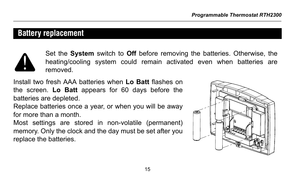 Battery replacement | Honeywell RTH2300 User Manual | Page 17 / 44