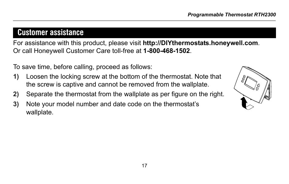 Customer assistance | Honeywell RTH2300 User Manual | Page 19 / 44