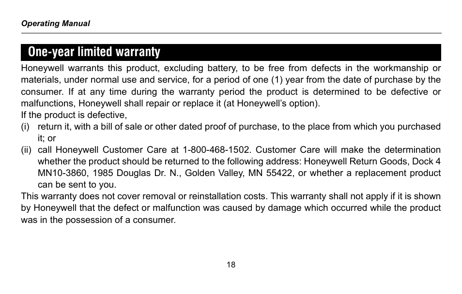 One-year limited warranty | Honeywell RTH2300 User Manual | Page 20 / 44