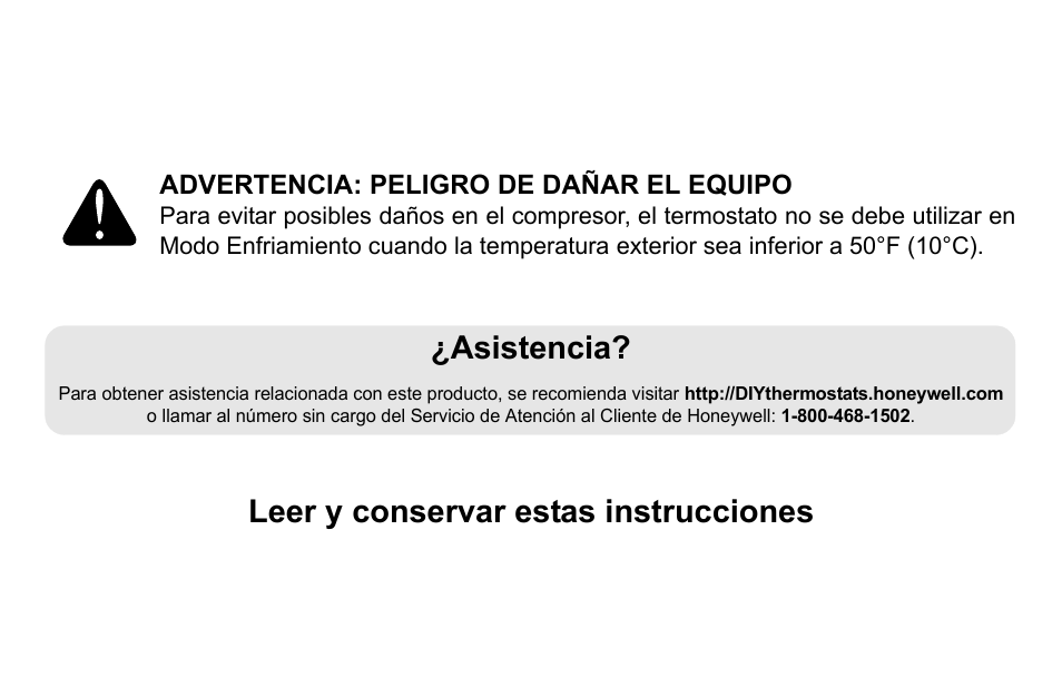 Asistencia, Leer y conservar estas instrucciones | Honeywell RTH2300 User Manual | Page 24 / 44